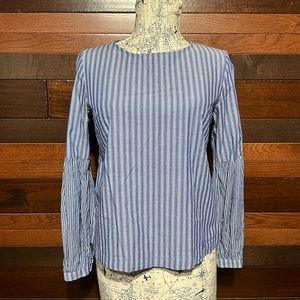 A New Day Crew Neck Long Sleeve Blue and White Pinstripe Blouse